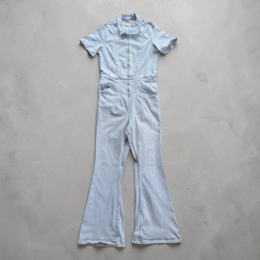Free People Jayde Flare Stretch Denim Jumpsuit Light Wash Sz XL - Picture 5 of 14